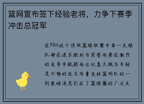 篮网宣布签下经验老将，力争下赛季冲击总冠军