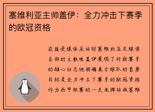 塞维利亚主帅盖伊：全力冲击下赛季的欧冠资格