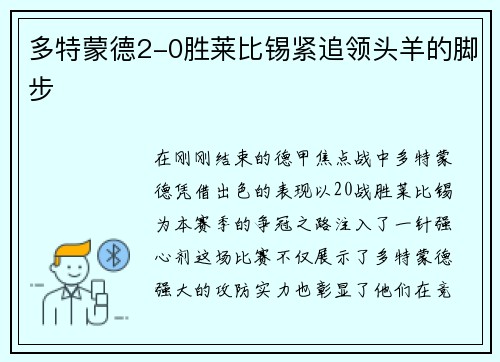 多特蒙德2-0胜莱比锡紧追领头羊的脚步